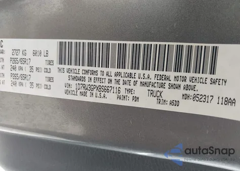 2011 Ram Dakota Bighorn/Lonestar z USA, uszkodzony, nr VIN 1D7RW3GPXBS667116